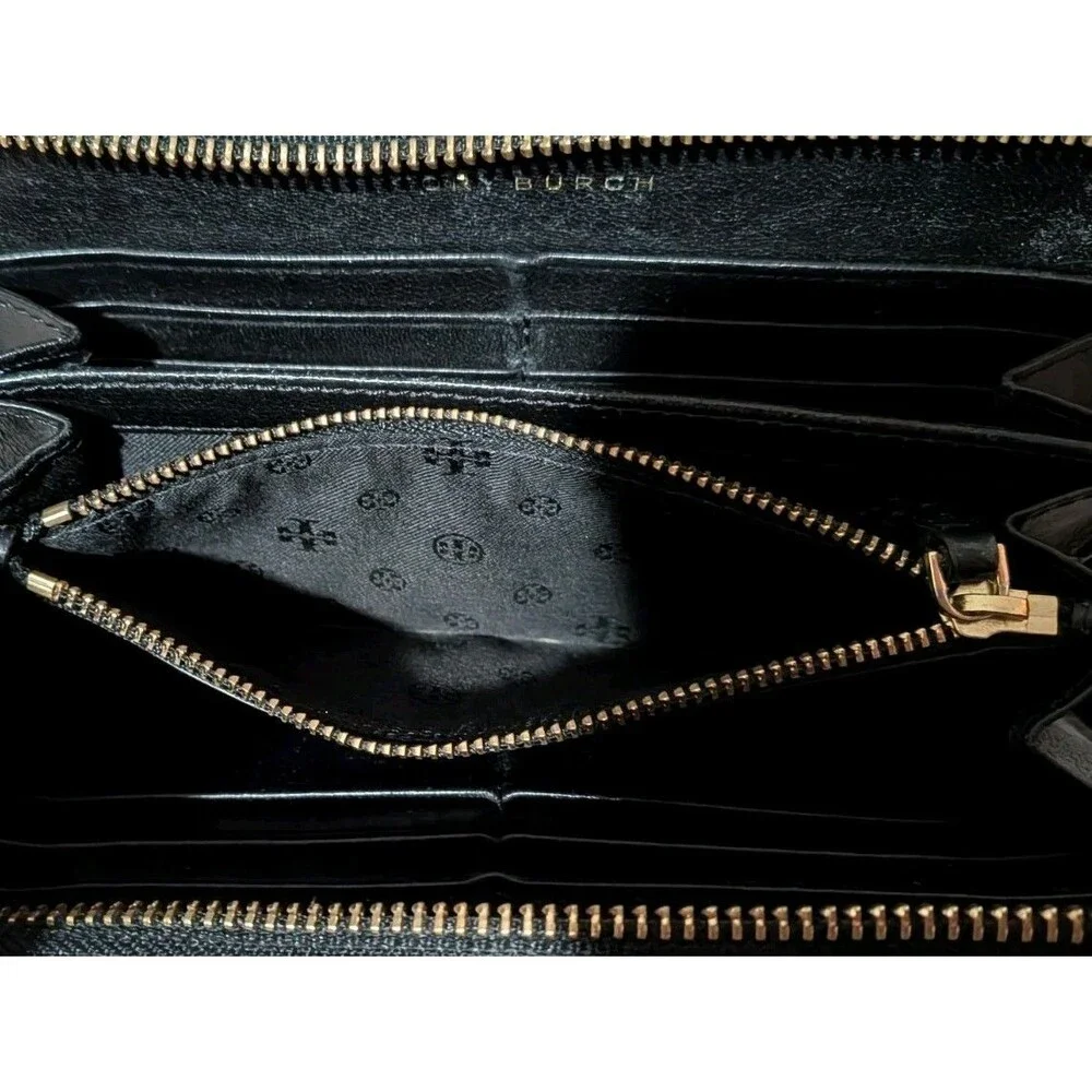 TORY BURCH Marion Party Black Embossed Leather Continental Zip Wallet